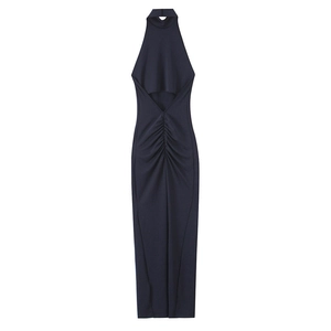 Robe longue bleu marine à licou avec dos nu et détails froncés en coupe ajustée moderne
