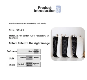 Detail view of lace mesh socks in black and white with 70% cotton material specs