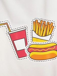 Detailed macro view of American fast food prints on white breathable mesh fabric