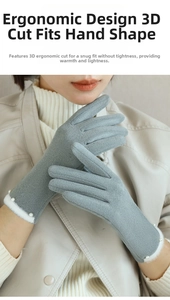 Details grauer Winterhandschuhe mit Kunstfell-Manschetten und eleganten Perlen für Damen