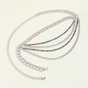 Chaîne de taille multicouche argentée hip hop avec strass colorés pour jean femme