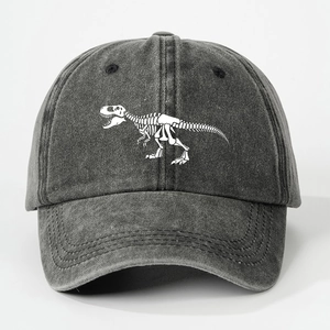 Vintage washed cotton baseball cap in charcoal grey with white T-Rex dinosaur embroidery