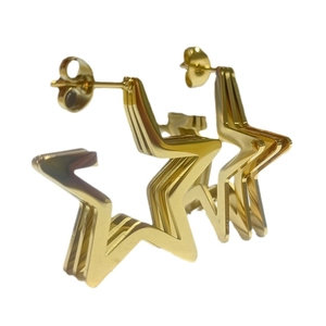 Three-layer golden star stud earrings in polished stainless steel with 3D cutout design