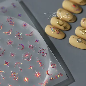 Holographic 3D nail art stickers with red stars and moon patterns, model M-175
