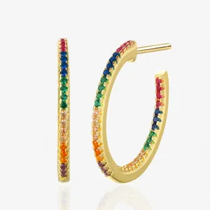 925 Sterling Silver Rainbow Zirconia C-Shape Hoop Earrings 14k Gold Plated Multi Color Stone Stud Earrings For Women