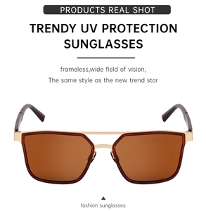 Front view of rimless polarized sunglasses with brown lenses and gold metal temples