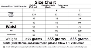 Size guide for light blue long sleeve knitted dress with material and measurement details