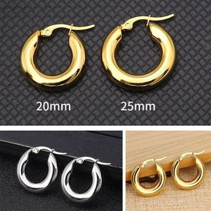 Polished stainless steel hoop earrings available in 20mm and 25mm gold and silver tones