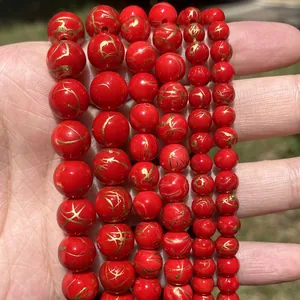 Red cinnabar style round beads with gold veins for jewelry making, multiple sizes