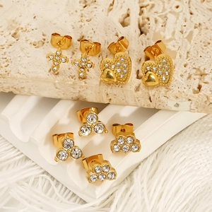 Heart Cross Geometric Stud Earrings 18K Gold Plated 304 Stainless Steel With Zircon Inlay Hypoallergenic Jewelry For Women
