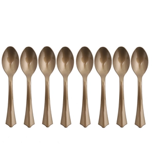 Detail view of 8 bronze spoons with vertical striped handles for gold party tableware
