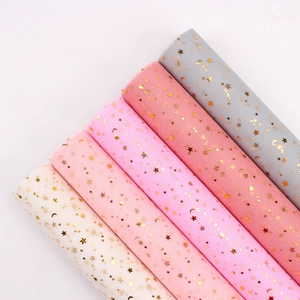 Star and moon gold foil tulle mesh fabric rolls for flower bouquet gift wrapping