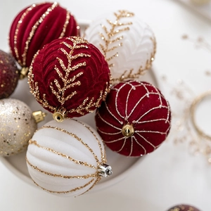 Flocked Velvet Christmas Ball Ornaments Set Wine Red Creamy White Glitter Pattern Hanging Decorative Holiday Baubles