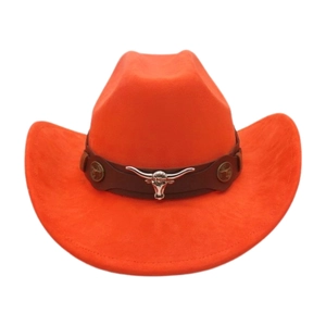 Orange suede cowboy hat with a brown leather band and silver bull head metal ornament