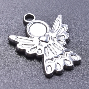 Polished silver stainless steel angel pendant with intricate hollowed detail and ring