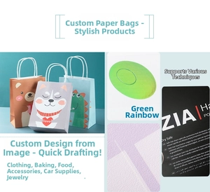Detail view of cartoon animal paper bags with green rainbow laser finish and handles