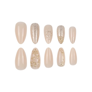 3D gold-accented almond press-on nails set with almond base and glitter textures