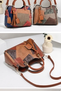 Detail of retro patchwork handbag with tassel charm and adjustable shoulder strap