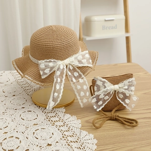 Sweet straw hat and handbag set with polka dot lace bows for women and girls