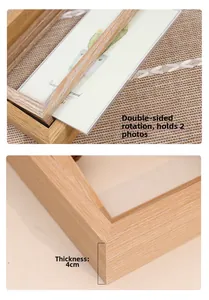 Close-up of a 4cm thick rotating wooden photo frame showing double-sided wood texture