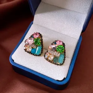 Geometric Triangle Stud Earrings Alloy Colorful Rhinestone Vintage Luxury Style Women With Silver Earring Post