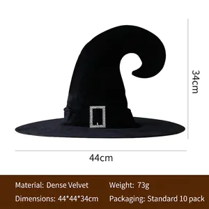Detail of velvet witch hat with silver rhinestone buckle and curved top design