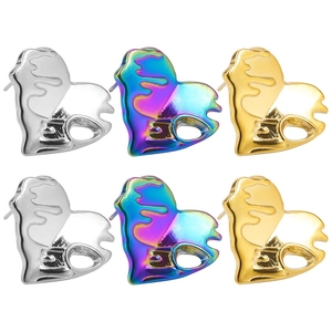 Three pairs of heart-shaped stainless steel earrings in silver, gold, and rainbow finish