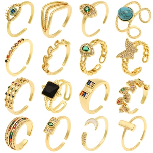 Women Fashion Adjustable Open Rings Copper Gold Plated Zircon Inlaid Geometric Evil Eye Butterfly Rainbow Vintage Jewelry