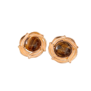 Vintage tiger eye stone round stud earrings with golden swirl design for women