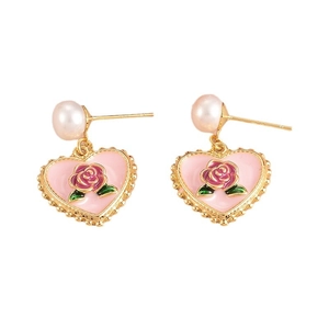 Vintage heart earrings with pearls and pink enamel rose in elegant gold settings