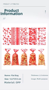 Detail view of heart pattern OPP cellophane bags showing dimensions and popcorn filling
