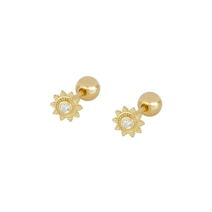 Detailed macro view of gold-plated sunflower stud earrings with clear zircon center and screw back