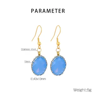 Detail showing dimensions of blue oval glass earrings with stainless steel hooks