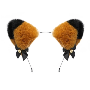 Handmade brown and black plush cat ear headband with golden bells and ribbon bows