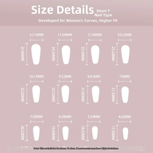 Detailed size chart showing width and length for 24 pieces of floral glitter press-on nails
