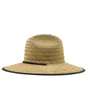 Handwoven straw sun hat with wide brim, black decorative cord and edge piping