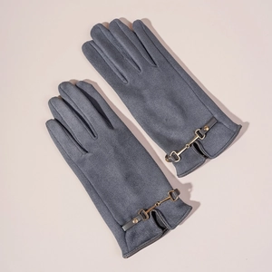Detail showing grey faux suede gloves with gold horsebit buckle strap for autumn and winter