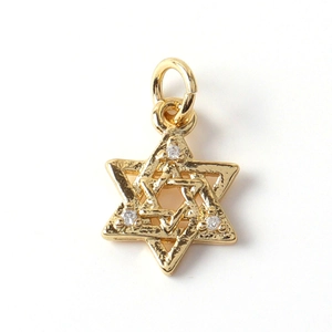 Close-up of gold-plated Star of David pendant with sparkling micro-paved zircons