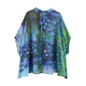 Damen Chiffon-Oberteil mit Seerosen-Ölgemälde-Print und Vintage-Schleifenkragen
