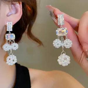 Geometric Rectangle Crystal Dangle Earrings With 925 Sterling Silver Earring Post And Hollow Artificial Pearl Ball Clusters