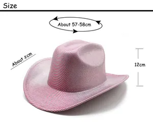Detailed size guide for pink sequined cowboy hat showing brim, height and circumference