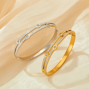 Elegant geometric stainless steel bracelets in gold and silver with pave-set diamonds