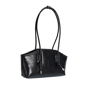Glossy black trapezoid shoulder bag with minimalist design and silver metal details