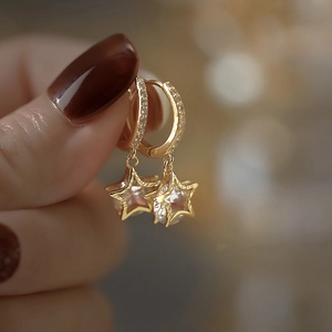 Elegant gold plated S925 sterling silver hoop earrings with sparkling star zircon charms