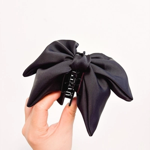 Elegant large black satin cashew flower bow hair claw clip for women stylish hair styling