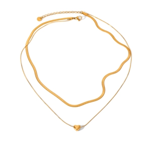 Double-layer gold stainless steel necklace with snake chain and heart pendant