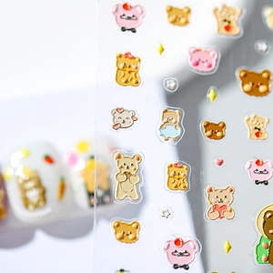 5D embossed cartoon bear and cherry nail stickers with stereoscopic textured finish
