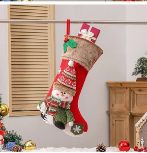 Detail of a large Christmas stocking with a 3D snowman, holly leaves, and faux fur trim