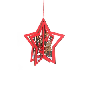 Étoile de Noël en bois rouge avec cloche 3D, motifs d'ours et de sapin sur fond blanc