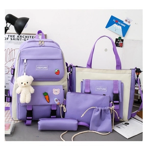 5-piece lavender nylon school backpack set with large capacity and bear charm